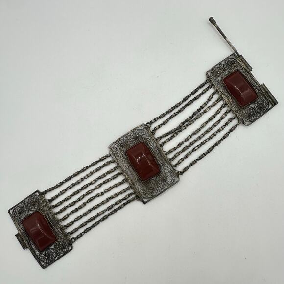 Antique Ottoman Turkish 800 silver handmade filigree carnelian glass bracelet - Picture 4 of 10